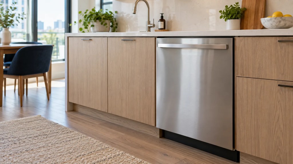 Illustrative photo of a built-in stainless steel dishwasher in a light wood kitchen.