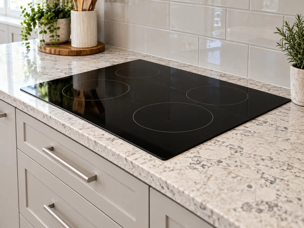 Illustrative image of an electric cooktop fitted flush into a kitchen countertop.
