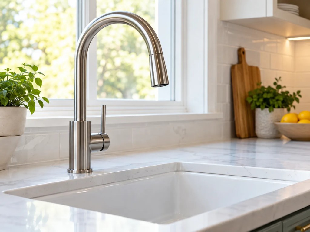 Illustrative image of a modern kitchen faucet fitted above a residential sink.