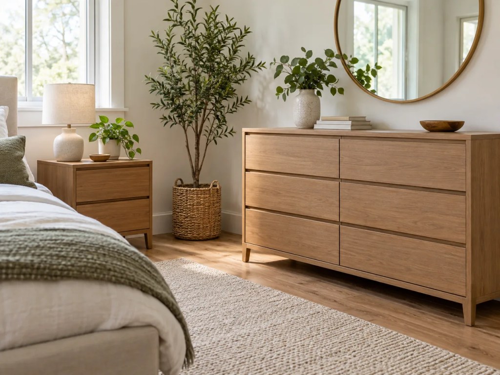 Illustrative image of a fully assembled dresser and side table in a residential bedroom.