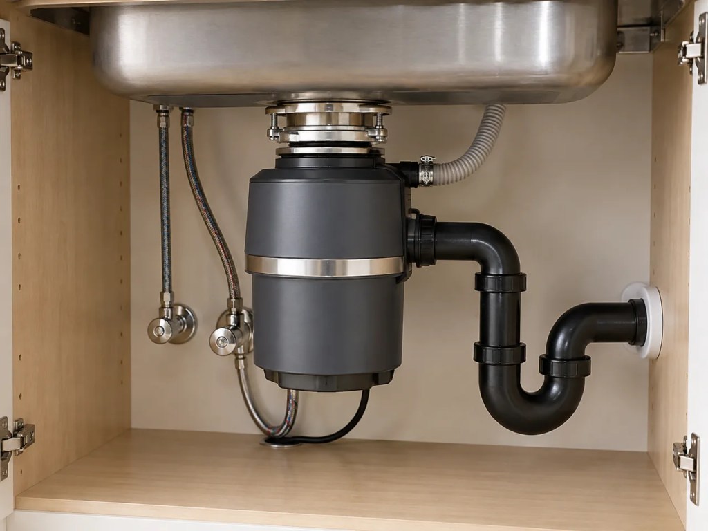 Illustrative image of a garburator unit mounted neatly beneath a kitchen sink.