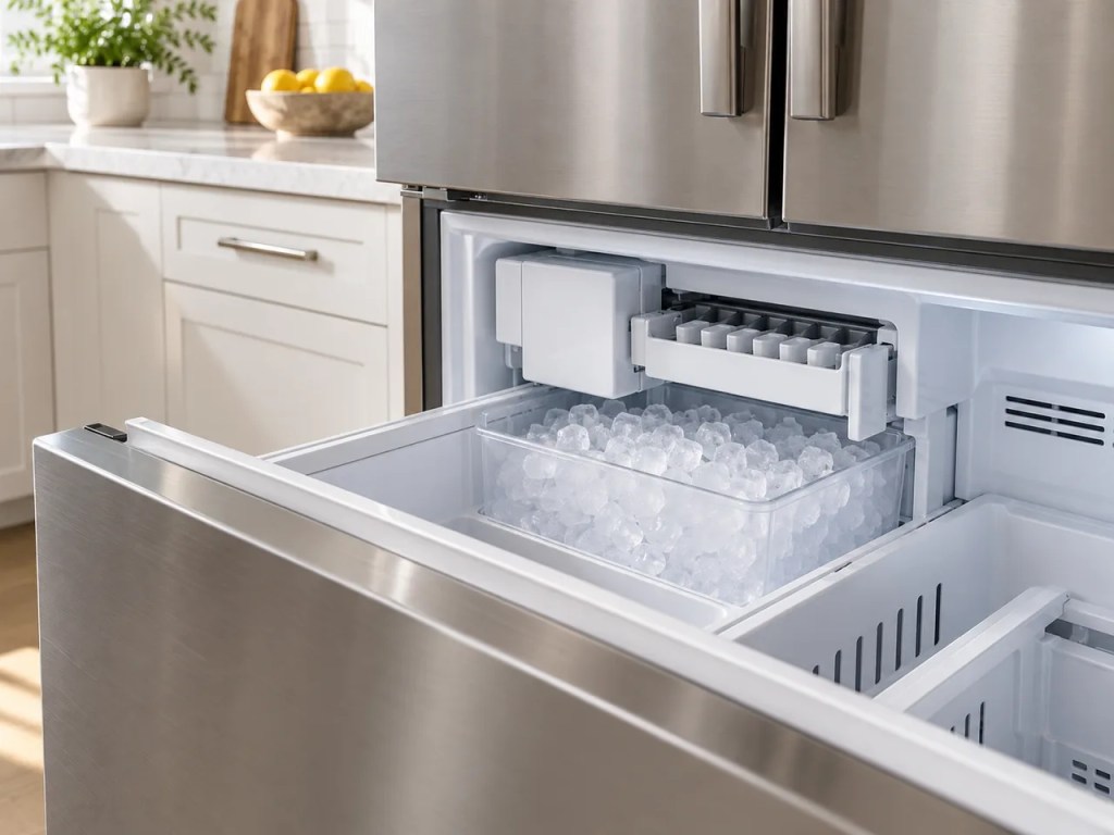 Illustrative image of an ice maker mechanism inside a refrigerator freezer.
