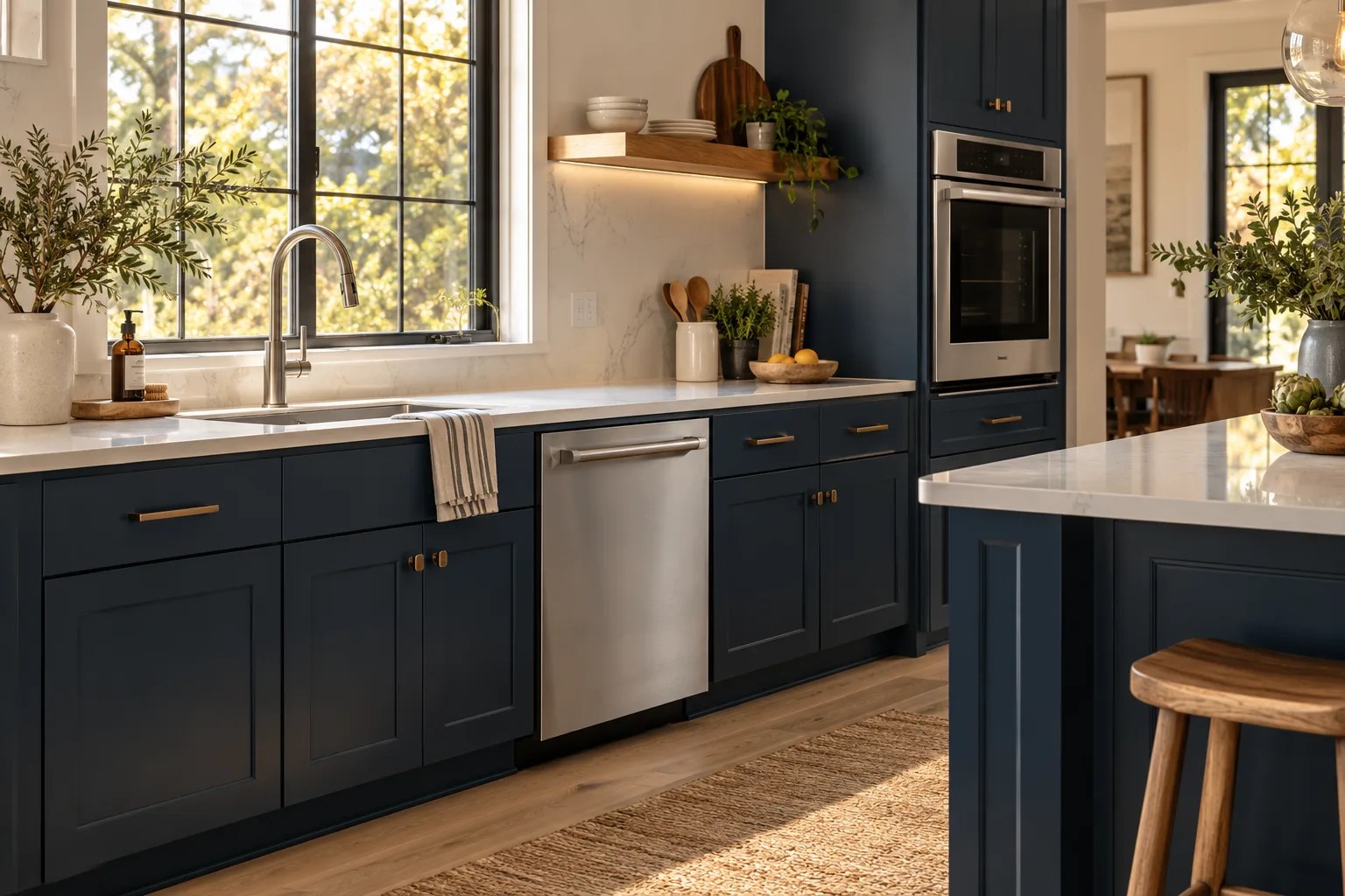Illustrative navy kitchen with a stainless steel dishwasher and built-in wall oven