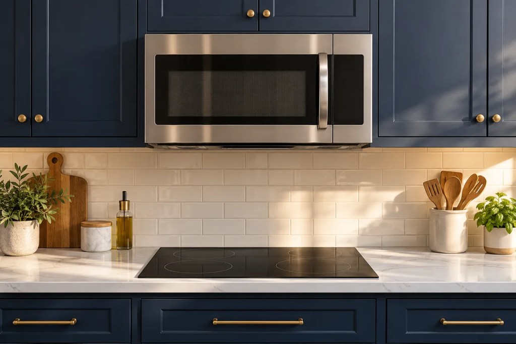 Illustrative image of an over-the-range microwave installed above a kitchen range in a modern home.