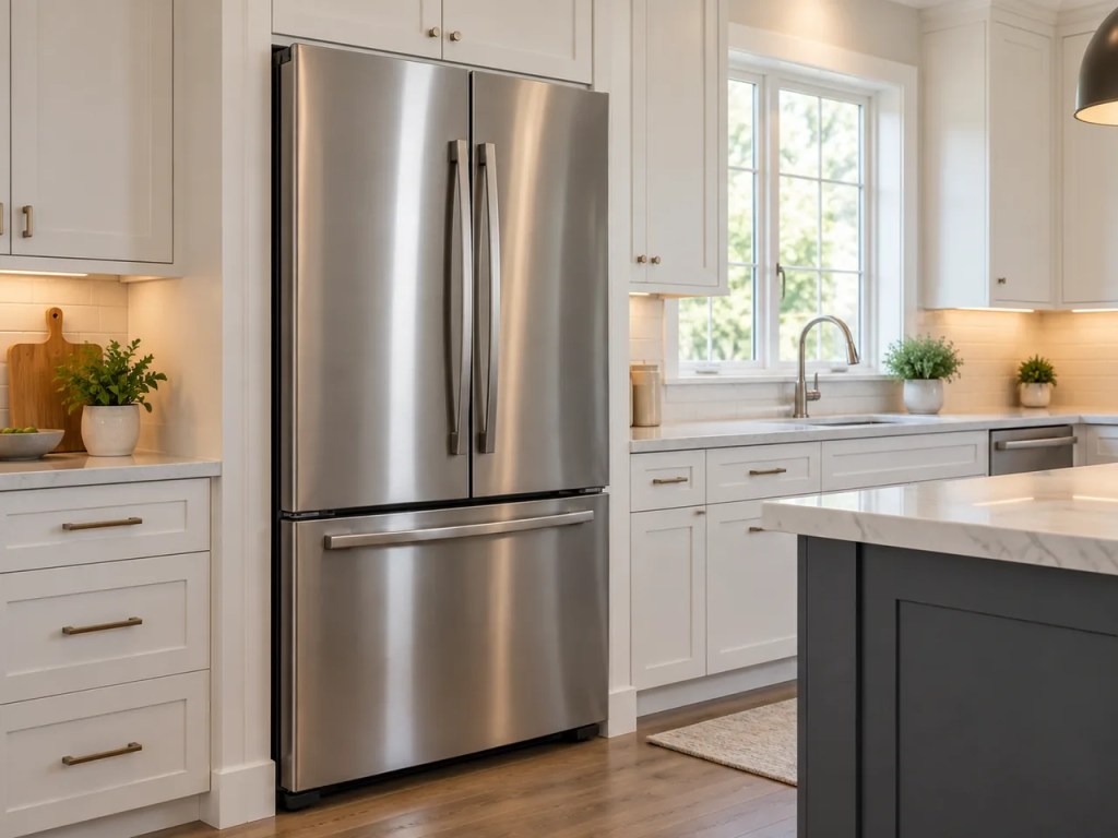 Illustrative image of a refrigerator fitted within modern kitchen cabinetry.