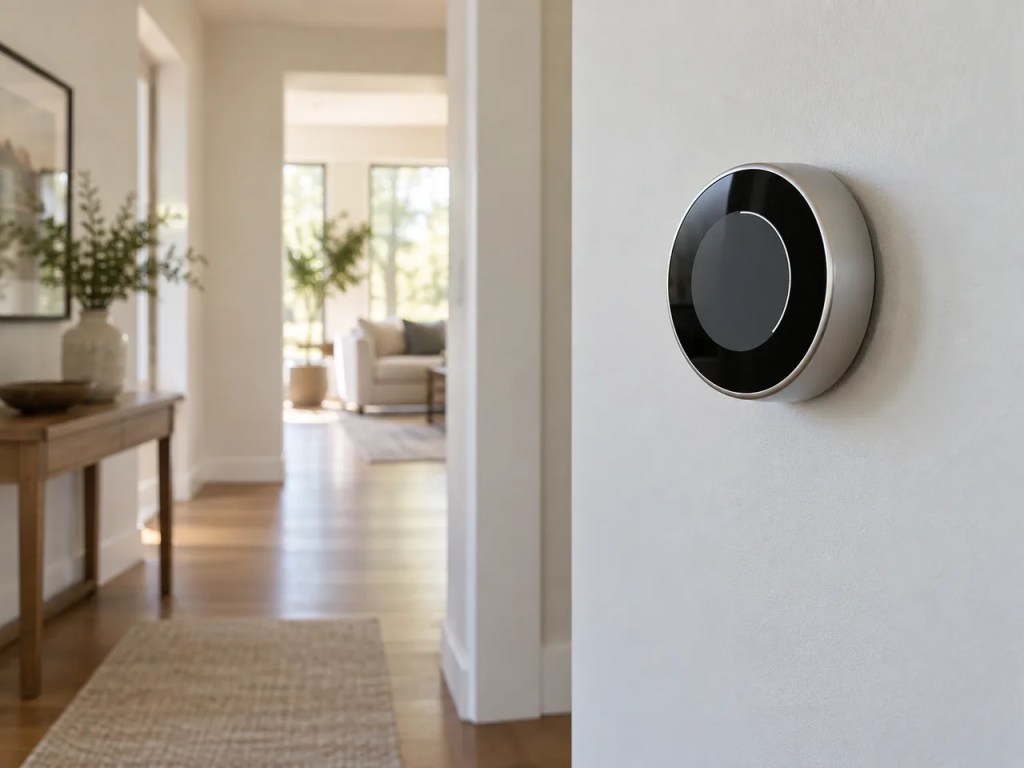 Illustrative image of a modern thermostat mounted neatly on a home hallway wall.