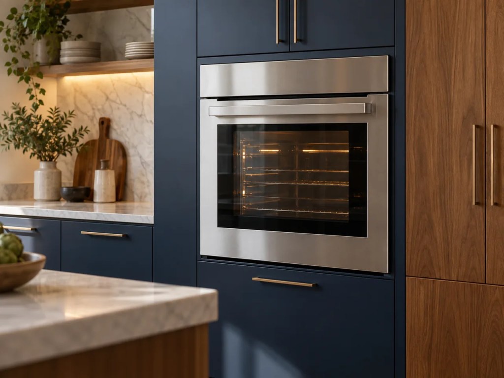 Illustrative image of a built-in wall oven fitted into kitchen cabinetry.