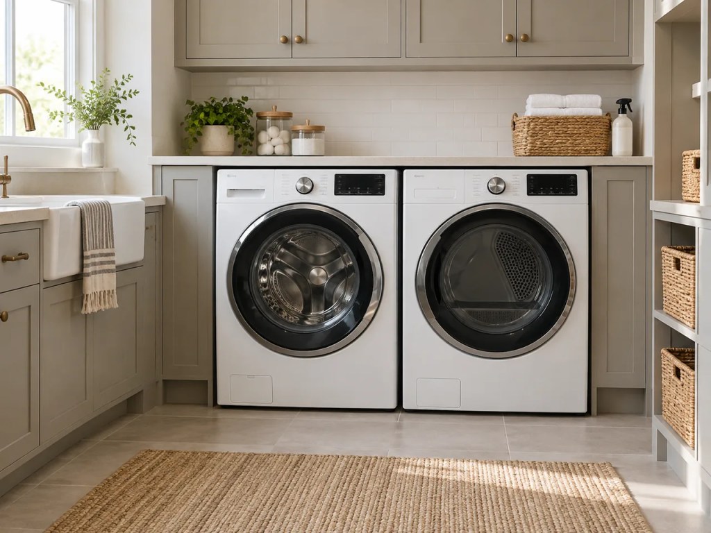 Illustrative image of a washer and dryer installed side-by-side in a clean home laundry room.
