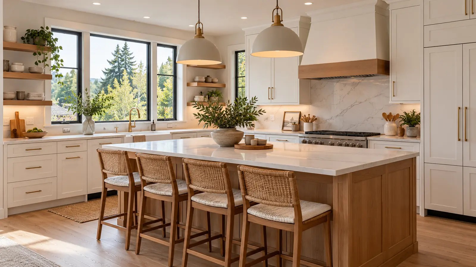 Illustrative renovated kitchen with updated cabinetry, counters and warm interior finishes