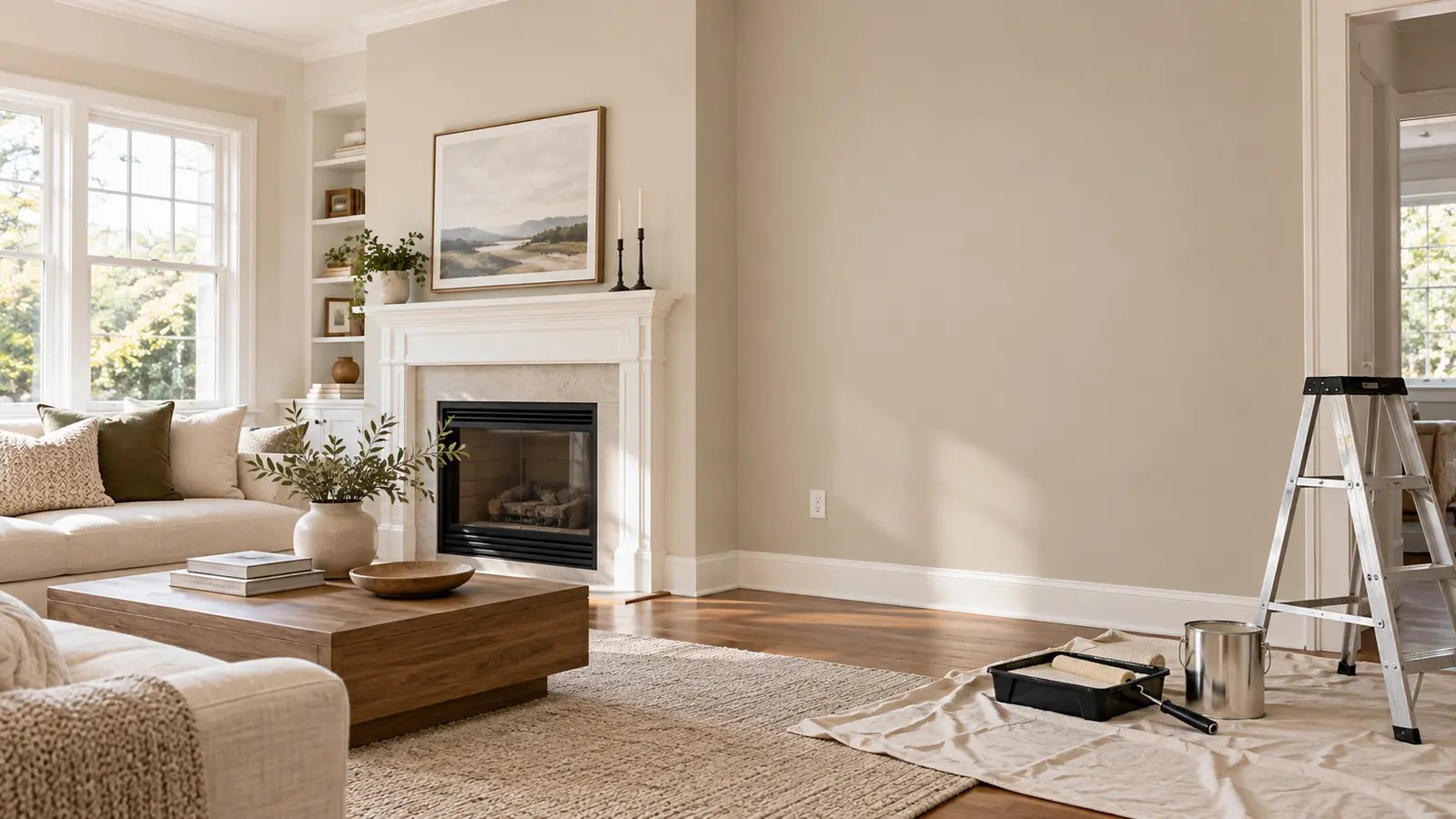 Illustrative freshly painted living room with neutral walls and finished interior trim