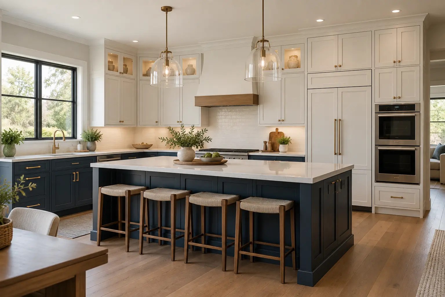 Illustrative modern kitchen cabinetry with a large island and built-in appliances